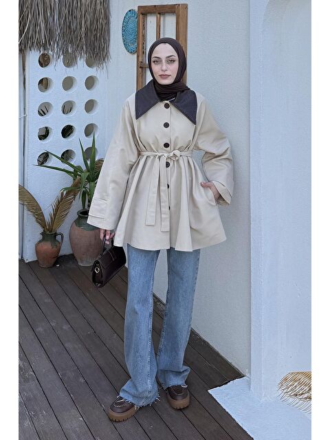 Lamelif Garni Yaka Trençkot Bej - S000518076-19928