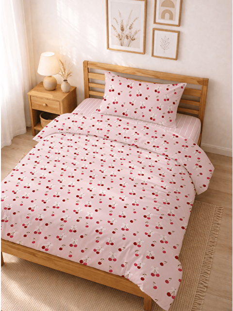 Milbay Grup Tek Kişilik Pamuklu Pembe Kiraz ve Kurdele Desenli Nevresim Takımı 160x220 cm (Çarşafsız)
