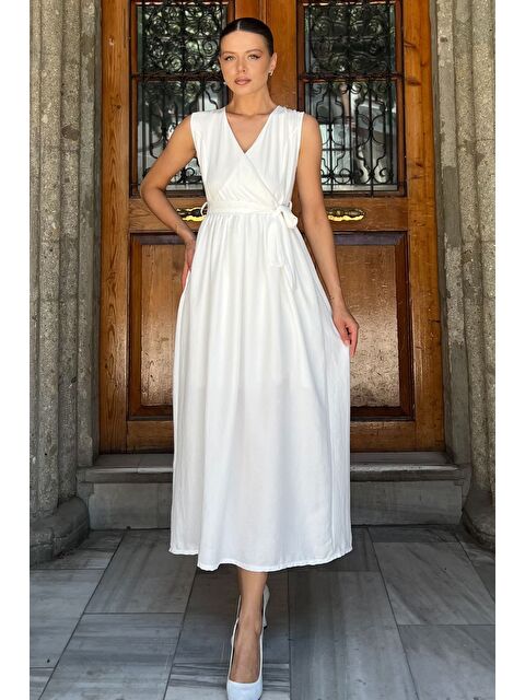 Gülseli Kruvaze Yaka Kuşaklı Sıfır Kol Elbise - S000402231-20063