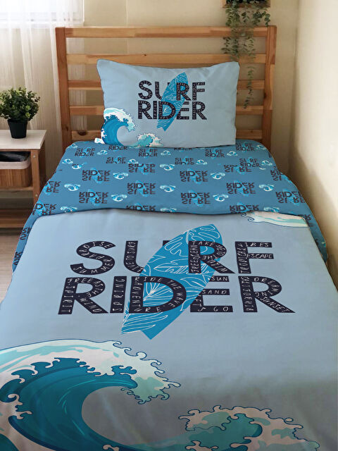 Evmila Sörf Desenli Çarşafsız 2 li Takım Baskılı Tek Kişilik Nevresim Takımı 160x220 cm Mavi - S000291277-23173