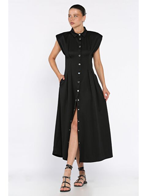 Gülseli Pileli Ön Çıtçıtlı Sıfır Kol Kadın Elbise - S000402229-19351