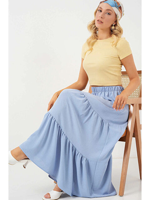 Hazelin Kadın Buz Mavi Beli Lastikli Ayrobin Uzun Etek HZL25S-BD180481 - S000443039-8826