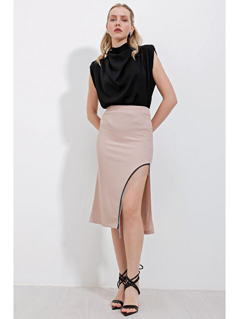 Hazelin Kadın Bej Yırtmaçlı Püskül Taşlı Beli Lastikli Uzun Etek HZL24S-BD118901 - S000155198-19928