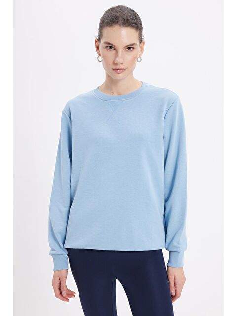 TUDORS Kadın Oversize Geniş Kesim %100 Pamuk 3 İplik Basic Bisiklet Yaka Mavi Sweatshirt - S000523346-17234