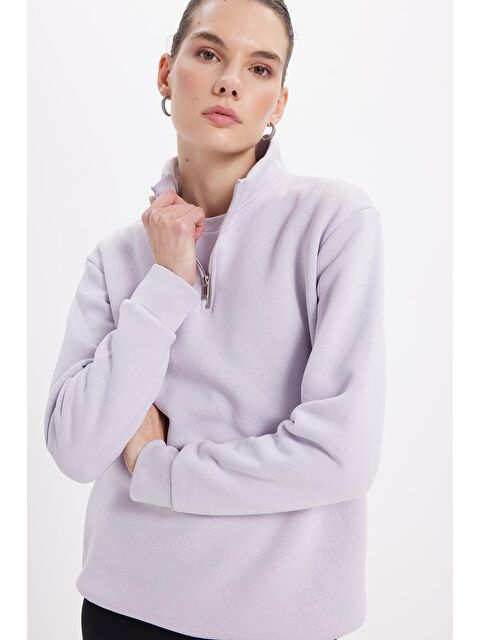 TUDORS Kadın Relax Fit Rahat Kesim Pamuklu İçi Polarlı Yarım Fermuarlı Lila Dik Yaka Sweatshirt - S000523347-17878