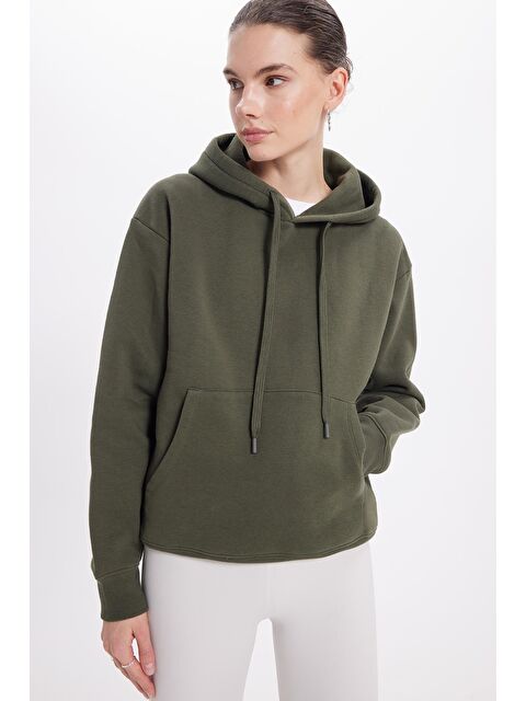 TUDORS Kadın Oversize Geniş Kesim Pamuklu Yumuşak Dokulu İçi Polarlı Basic Yeşil Kapüşonlu Sweatshirt - S000523348-18194