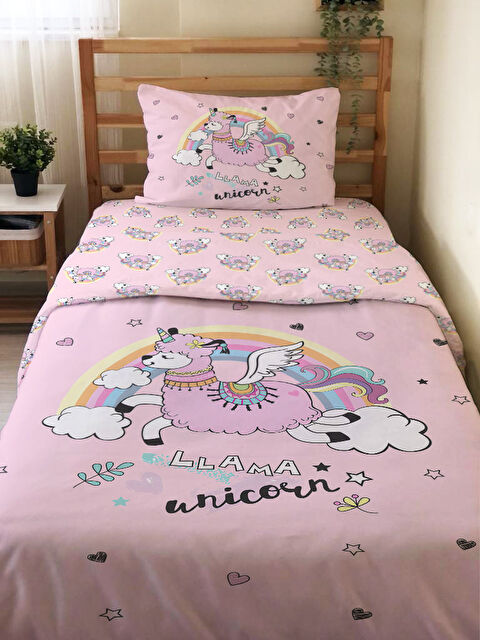 Evmila Lama Desenli Çarşafsız 2 li Takım Baskılı Tek Kişilik Nevresim Takımı 160x220 cm Pembe - S000291281-23173