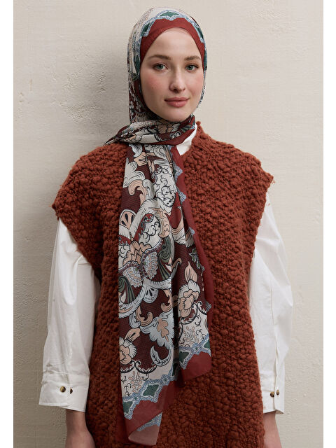 Fresh Scarfs Poppıes Desen İpek Krep Şal Kiremit - S000420392-18657