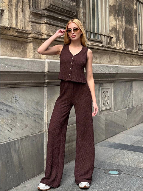 Hazelin Kadın Kahverengi Beli Lastilkli Gofre Kumaş Pantolon HZL24S-ZK13261 - S000371857-19413