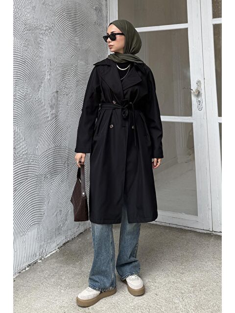 Lamelif Kolu Katlamalı Trenç Siyah - S000518066-19351