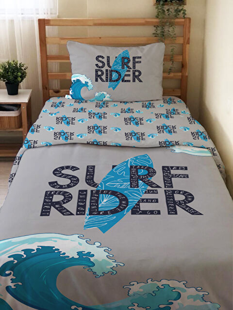 Evmila Sörf Desenli Çarşafsız 2 li Takım Baskılı Tek Kişilik Nevresim Takımı 160x220 cm Gri - S000291280-23173