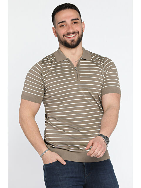 Mishar İtalia Erkek Polo Yaka Çizgi Desenli Yarım Fermuarlı Triko Tişört - S000361384-26429