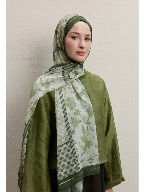 Fresh Scarfs Wıld Botanıcal Desen İpek Krep Şal Haki - S000420378-18547