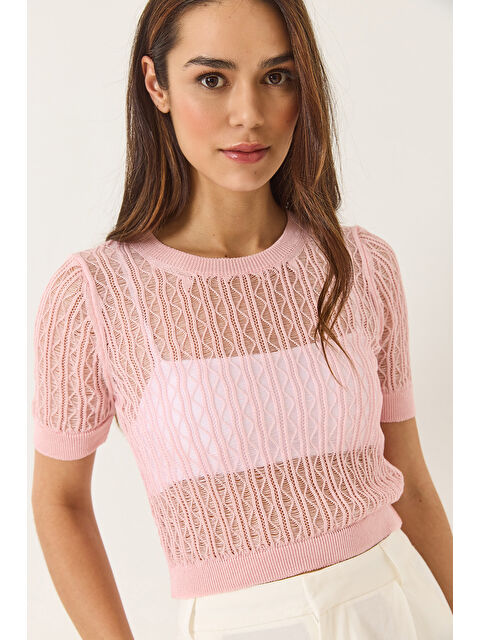 SHADE Kadın Bisiklet Yaka Yadızlı Kısa Kol Ajurlu Örgü Detaylı Crop Bluz - S000377072-7152