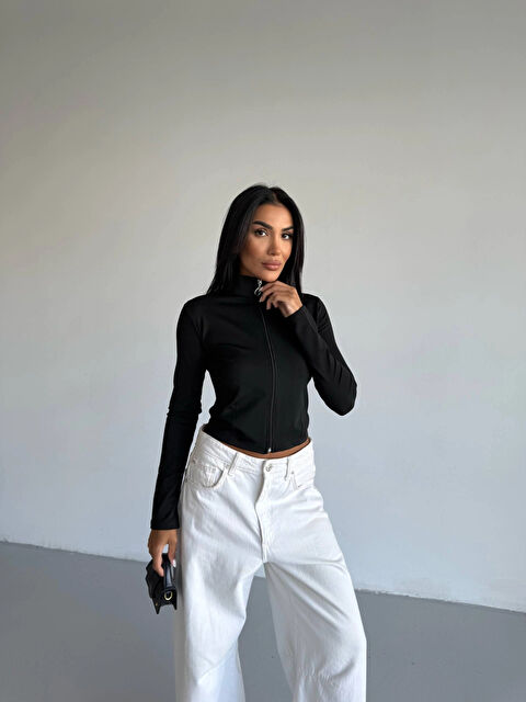 Hazelin Kadın Siyah Dalgıç Kumaş Fermuar Kapamalı Parmak Geçirmeli Sweatshirt HZL25W-FRY123441 - S000443044-19351