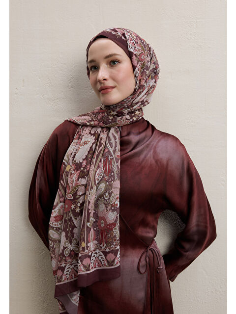 Fresh Scarfs Verona Desen İpek Krep Şal Bordo - S000420366-19951