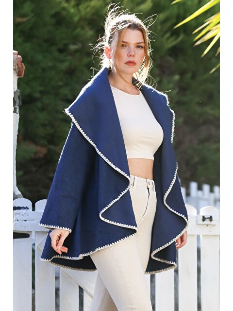 Chiccy İtalyan Lacivert Şal Yaka Uzun Kol Kapamasız Çoban Dikişli Oversize Dokuma Ceket 77 66 - S000468944-21164