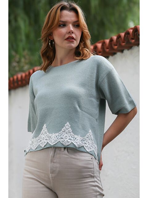 Chiccy Mint Yuvarlak Yaka Kısa Kol Dantelli Triko Bluz 64 57 - S000468948-1180