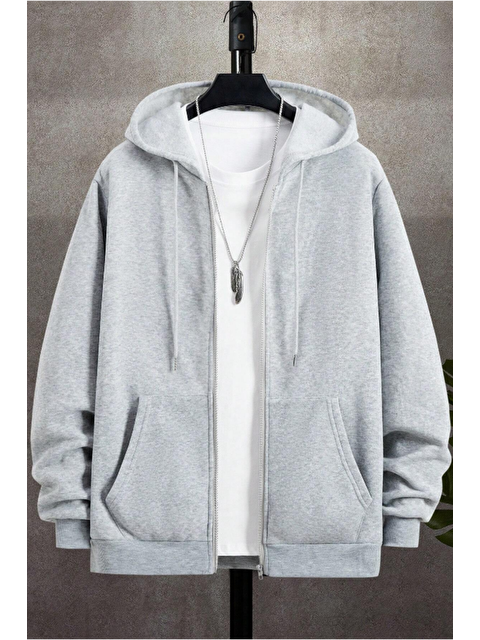 Tarz Cool Unisex Relax Fit Rahat Kesim Pamuklu İçi Polarlı Çift Cepli Fermuarlı Gri Kapüşonlu Sweatshirt - S000423990-20600