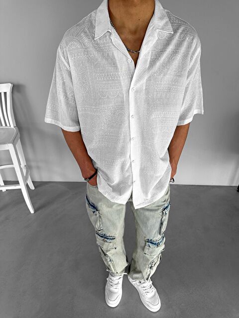 Abluka Online Erkek Oversize Küba Yaka Geometrik Desenli Yazlık Gömlek Ekru - S000240403-19965