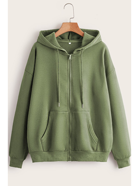 Tarz Cool Unisex Relax Fit Rahat Kesim Pamuklu İçi Polarlı Çift Cepli Fermuarlı Haki Kapüşonlu Sweatshirt - S000423990-18547