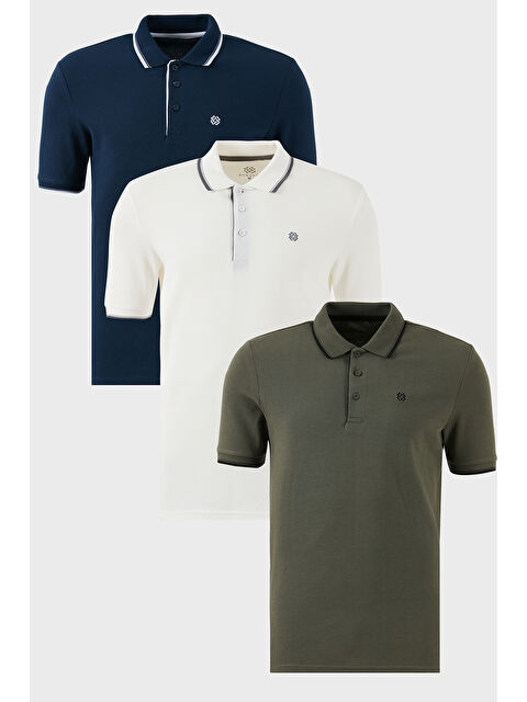Buratti Pamuklu Slim Fit Şerit Detaylı Düğmeli Polo Yaka 3'lü Paket %100 Pamuk Tişört 5902118S3 - S000387096-5372
