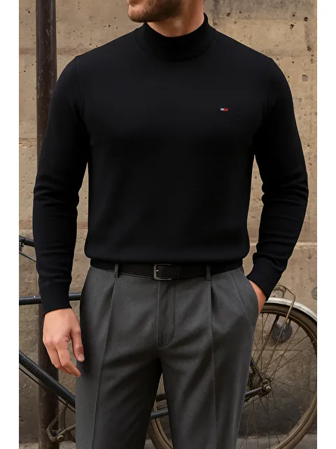 Comstar Erkek Kışlık Yarım Boğazlı Dar Basic Siyah Kazak