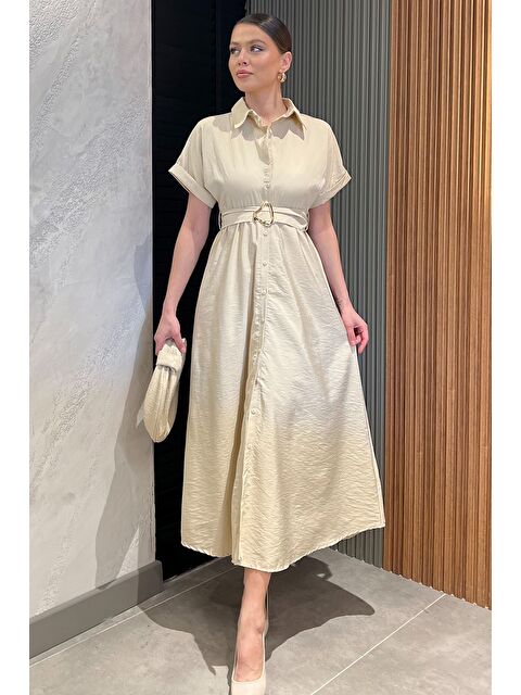 Gülseli Boydan Düğmeli Bel Lastikli Kemerli Kısa Kol Elbise - S000387681-19966