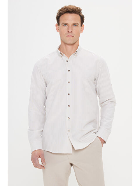 AC&Co / Altınyıldız Classics Erkek Bej Slim Fit Dar Kesim Gofre Desenli Düğmeli Yaka Hafif Kumaş Gömlek - S000394311-19928