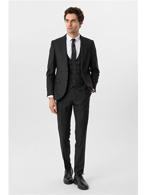 Süvari Antrasit Slim Armürlü Sivri Yaka 6 Drop Yelekli Takım Elbise - S000460807-29666