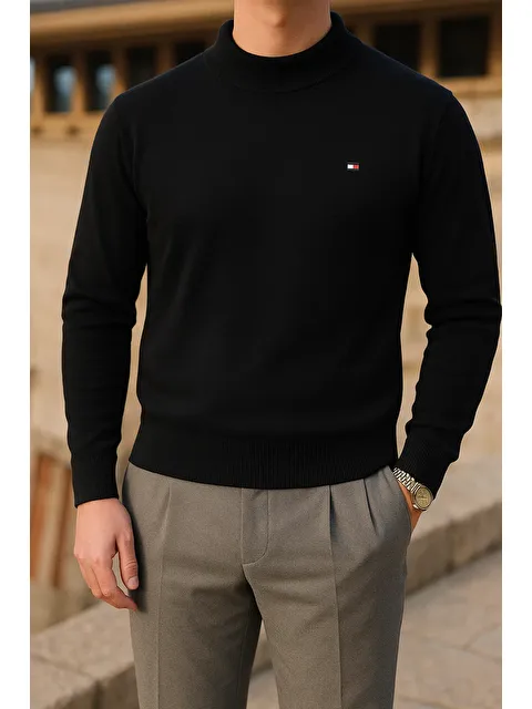 Comstar Erkek Slim Fit Yarım Balıkçı Yaka Siyah Kazak