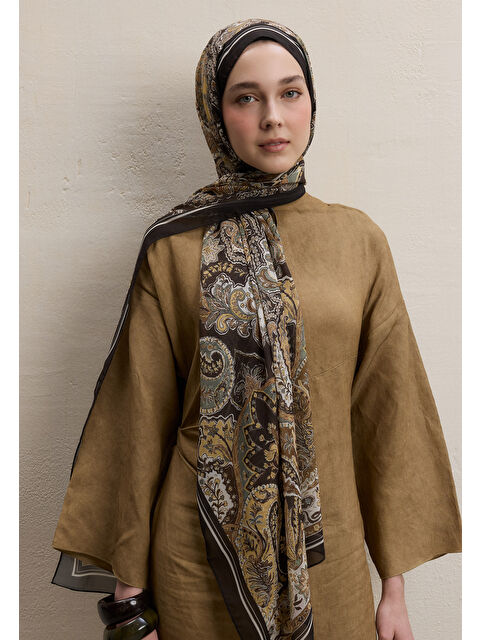Fresh Scarfs Dark Bohemy Desen İpek Krep Şal Acı Kahve - S000420280-28102