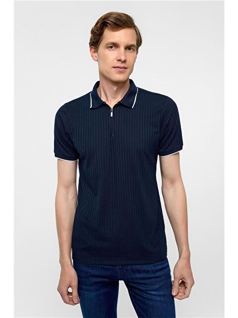 Süvari Lacivert Slim Fitilli Polo Yaka Tişört - S000460628-21164