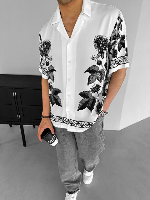 Abluka Online Erkek Oversize Motifli Küba Yaka Kısa Kol Gömlek Ekru - S000240405-19965