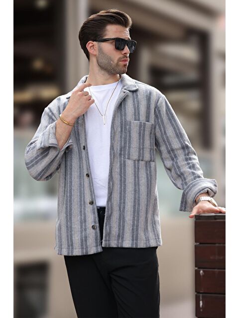 Madmext Gri Desenli Cepli Erkek Polar %100 Pamuk Gömlek E6757 - S000292584-20600