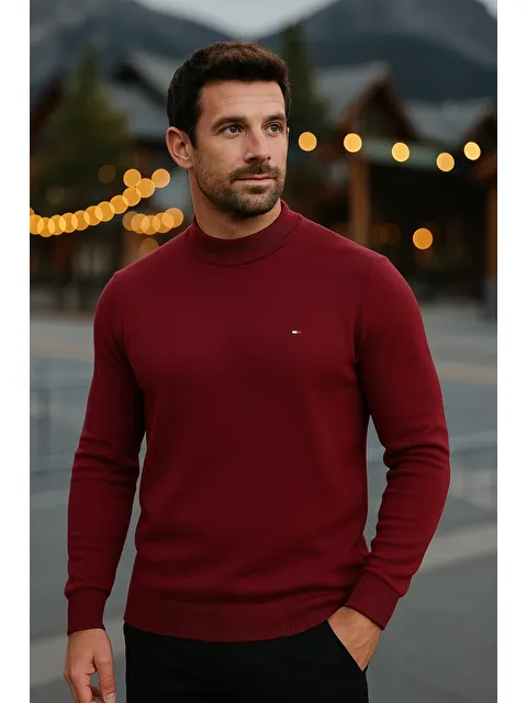 Comstar Erkek Basic Kışlık Yarım Boğazlı Uzun Bordo Kazak