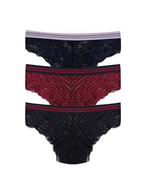 Koza İç Giyim Kadın 3'lü Çizgili Lastikli Dantelli Külot - S000307712-37342