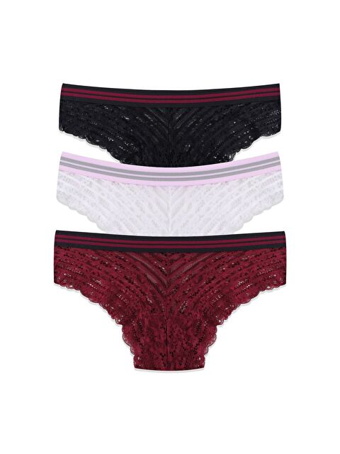 Koza İç Giyim Kadın 3'lü Çizgili Lastikli Dantelli Külot - S000307712-3457