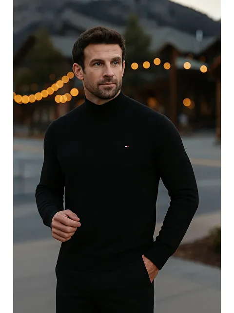 Comstar Erkek Basic Kışlık Yarım Boğazlı Uzun Siyah Kazak