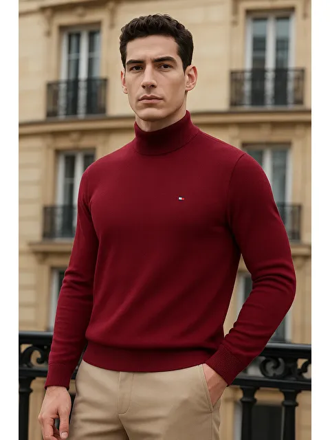 Comstar Erkek Trend Kışlık Yarım Boğazlı Bordo Triko Kazak