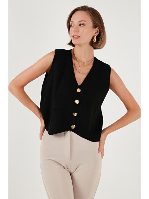 Lela V Yaka Düğmeli Triko Kadın Yelek - S000243004-19351