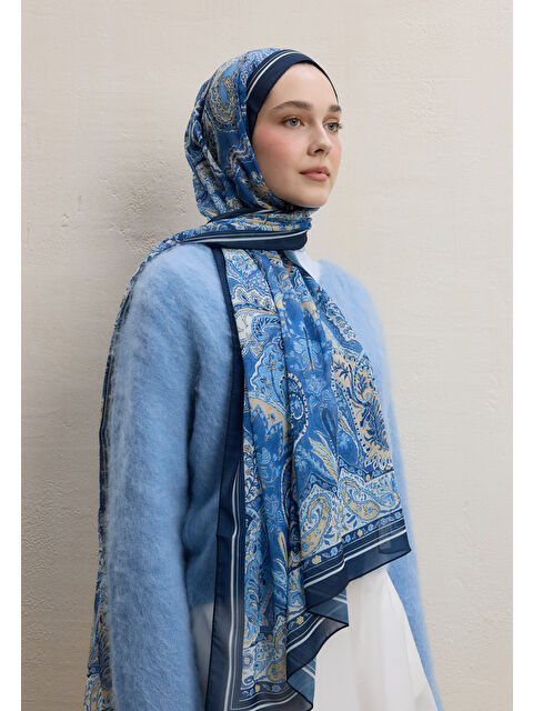 Fresh Scarfs Dark Bohemy Desen İpek Krep Şal İndigo - S000420280-23093
