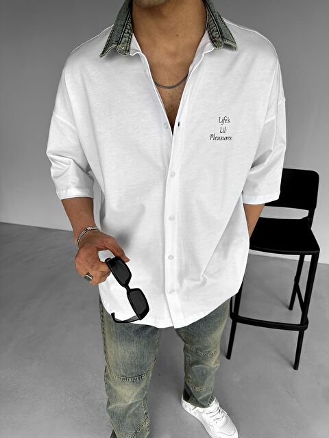 Abluka Online Erkek Oversize Jean Yakalı Baskılı Gömlek Beyaz - S000240408-20063