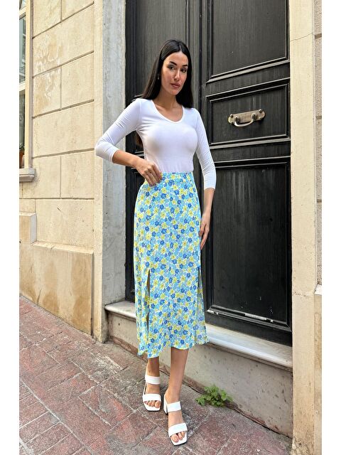 Now Moda Doğal Viskon Çift Yırtmaç Desenli Mavi Etek - S000178440-17234