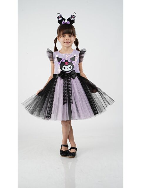Magu Kız Çocuk Pamuklu Lila-Siyah Karakter Figürlü Payetli Tüllü Elbise - Dantel Şerit, Fiyonk Detaylı - S000494783-23173