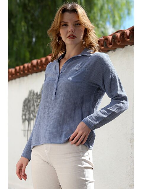 Chiccy Lila Gömlek Yaka Uzun Kol Düğmeli Cepli Pamuklu Dokuma Bluz 60 56 - S000468951-17878