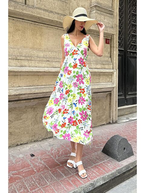 Now Moda Doğal Viskon V Yaka Desenli Bel Bağlamalı Uzun Fuşya Elbise - S000178453-18686