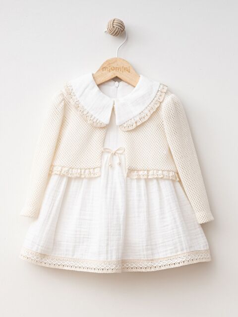 miomini Bebe Yaka Dantel Detaylı Kız Bebek Elbise ve Bolero 2'li Takım - S000360481-19965
