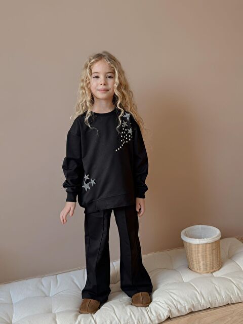 carla10 Kız Çocuk Yıldız Taş Baskılı Siyah Eşofman Takımı - S000494785-19351