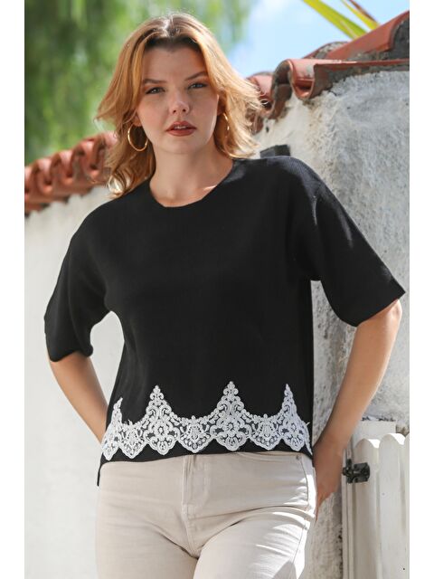 Chiccy Siyah Yuvarlak Yaka Kısa Kol Dantelli Triko Bluz 64 57 - S000468948-19351